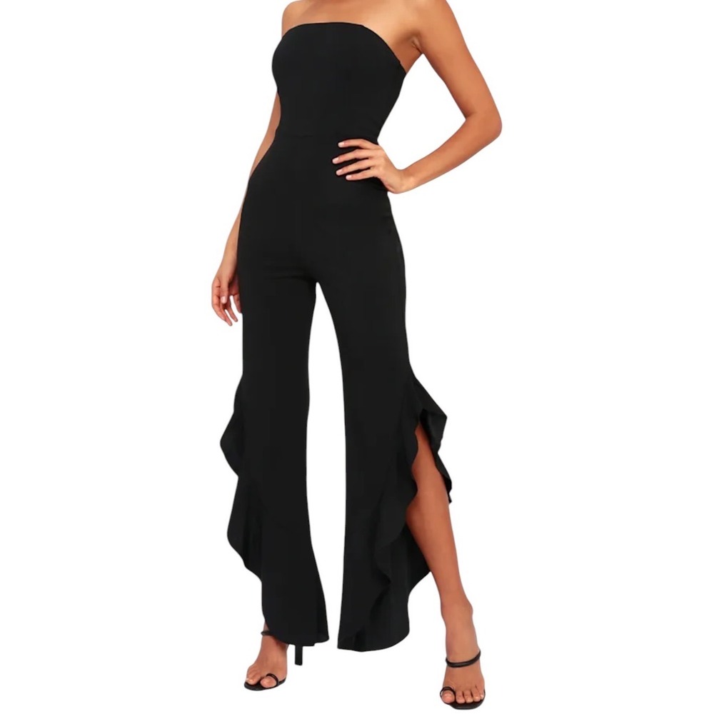 Lulus Strapless Jumpsuit Womens S Black Ruffle Slit Flare Chic Cocktail Party